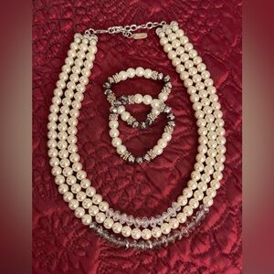 Kissaka Faux Pearl and Crystal Necklace & Bracelet Set